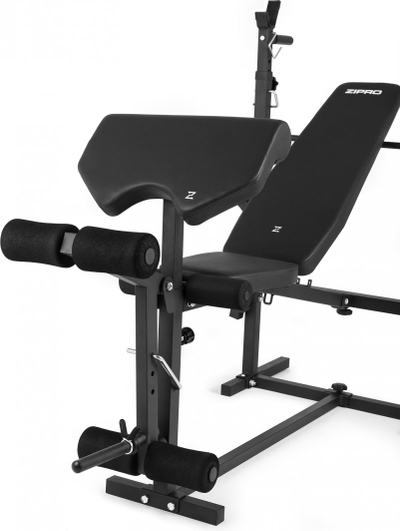 Stol fitness Zipro Ripped, me mbajtëse shtange, preacher curl dhe leg press, i zi