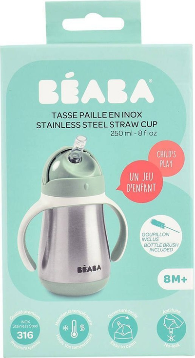 Шише за деца BEABA од нерѓосувачки челик, со сламка, 250 ml, зелена Sage