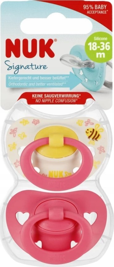 Biberon qetësues NUK Signature, 18-36 muaj, silikon pa BPA, set 2 copë, rozë me zemra