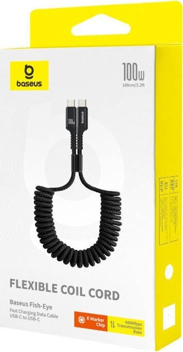 Kabllo karikimi Baseus Fish Eye, USB-C në USB-C, 100W, 1m spiral, e zezë