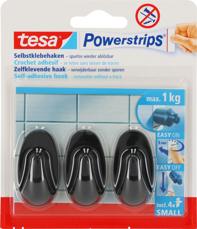 Леплива закачалка Tesa Powerstrips 58275, 14x34mm, сет 3 парчиња, црна