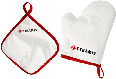 Сет ракавица за рерна и капаче Pyramis Glove and Gripper, текстил отпорен на топлина, бело со црвено