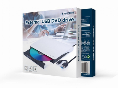 Надворешен DVD читач Gembird DVD USB 03 BW, USB 3.1, DVD±RW, црно-бел