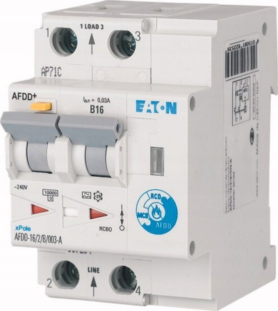 Çelës mbrojtës kundër zjarrit Eaton AFDD 187186, 2 pole, 13A 0.03A, 230V AC, i bardhë
