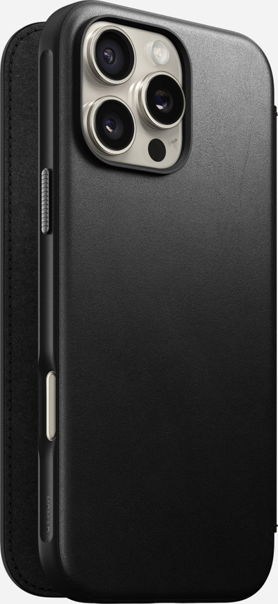 Këllëf folio Nomad Modern Leather MagSafe për iPhone 16 Pro Max, lëkurë natyrale, i zi