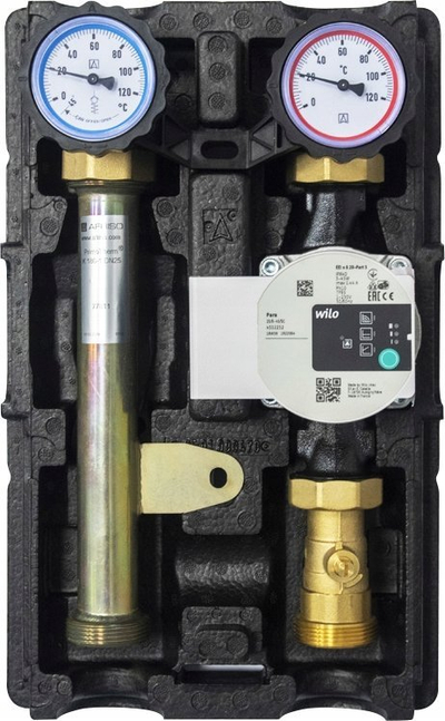 Grup pompë ngrohjeje Primotherm K 180-1 DN25 77819, pompë Wilo Para SC 25/6, me termometra, i zi