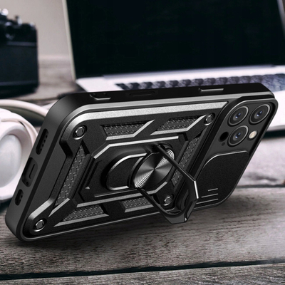 Maskë mbrojtëse Hybrid Armor Camshield për iPhone 16 Pro, me kapak kamere, me mbajtëse, e zezë