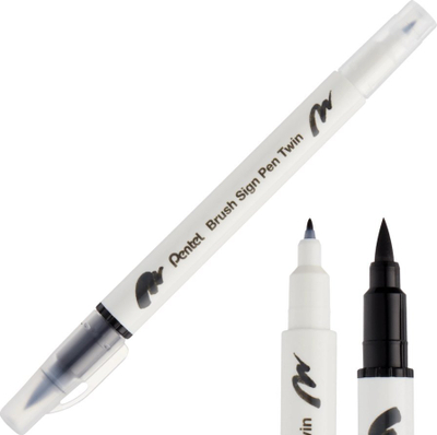 Stilolaps brush Pentel Sign Pen Twin Tip SESW30C, majë furçe dhe majë e hollë, i zi