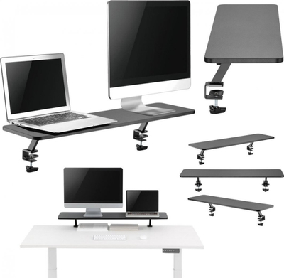 Raft monitori Mozos Clamp Dual Riser Stand, për 2 monitorë deri 32\", kapëse tavoline, ngjyrë e zezë