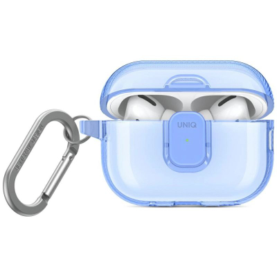 Këllëf për kufje Uniq Glase Pro, për AirPods Pro 2, TPU, me karabinë, blu e tejdukshme