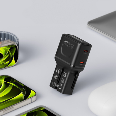 Патен полнач Mobile Origin PW26, 45W, 2x USB C GaN, црн