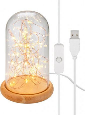 Декоративна стаклена купа со Micro LED светла, низа 5 m 50 LED, USB кабел 115 cm, топло бела светлина