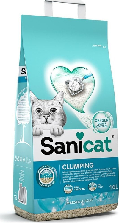 Rërë për mace Sanicat Clumping, bentonit, me erë sapun Marseille, 16L