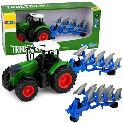 Lodër traktor bujqësor LeanToys, plug shumëbrazdësh, shkalla 1:24, jeshil