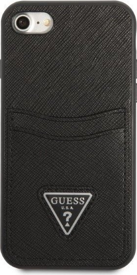 Këllëf telefoni Guess 4G Saffiano Double Card për iPhone 7, 8, SE, me xhepa për karta, i zi