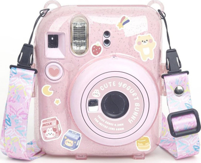 Këllëf për aparat LoveInstant Yogurt Bunny për Fujifilm Instax Mini 12, me xhep për foto, me ngjitëse, rozë me shkëlqim