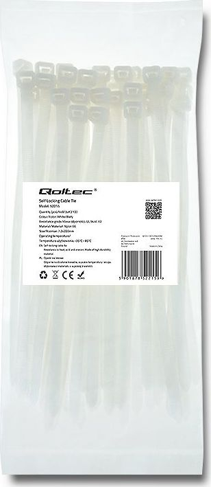 Врски за кабли Qoltec Cable Tie, 7.2 x 200mm, пакување 50 парчиња, бела