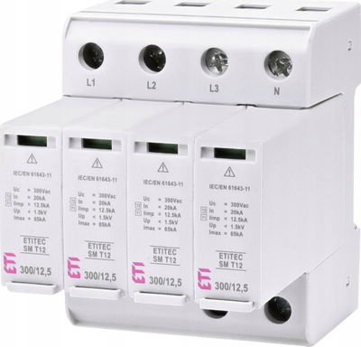 Mbrojtës rrufeje ETI-Polam ETITEC SM T12 300/12.5 4+0, T1 + T2, 12.5 kA