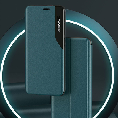 Këllëf flip Hurtel Eco Leather View për iPhone 13 Mini, me magnet dhe mbajtëse, blu