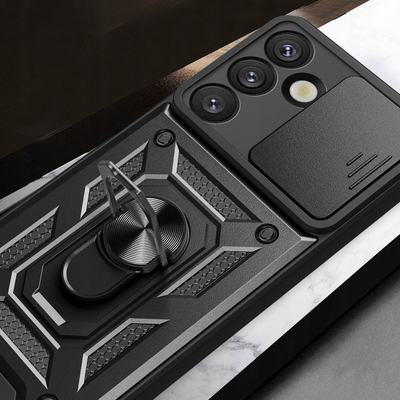 Mbrojtëse telefoni Hurtel Hybrid Armor Camshield për OnePlus Nord 4 5G, me kapak kamere, me këmbë mbajtëse, e zezë