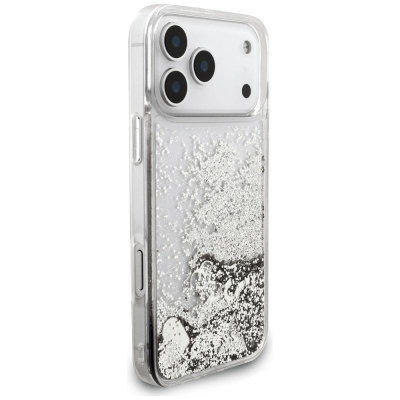 Kapak telefoni Guess Liquid Glitter Charms GUHCP17XGLHFLSI, për iPhone 17 Pro Max, transparent me shkëlqim, ngjyrë argjendi