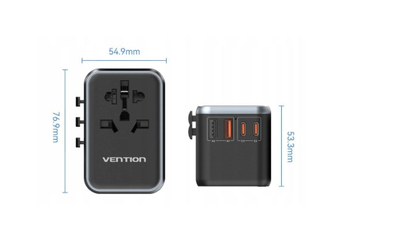 Adapter universal udhëtimi Vention GaN, 4 porta USB C dhe A, 65W, i zi