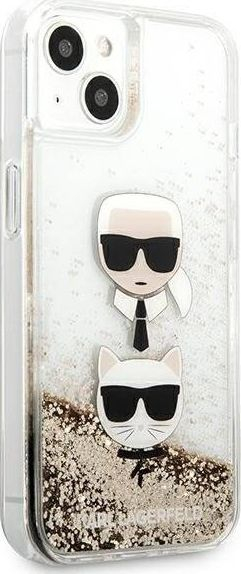 Капак за телефон Karl Lagerfeld Liquid Glitter Karl &amp; Choupette, за iPhone 13 Mini 5.4", тврда маска, златна боја