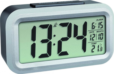 Radio orë me alarm TFA Lumio Plus 60.2553.01, me ekran LCD, portative, e zezë me argjend