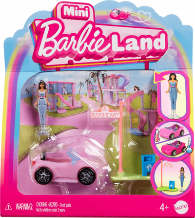 Set lodrash Barbie Mini BarbieLand HYF42, kukull 4 cm, makinë kabrio me ndryshim ngjyre, rozë