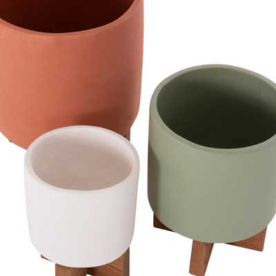 Set vazo dekorative TANTI HM4685, 3 copë, fiber cement, me bazë druri tik, shumëngjyrëshe