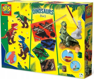 Set kreativ SES Plaster Casting 3 in 1 Dinosaur, gips dhe rruaza, shumëngjyrësh