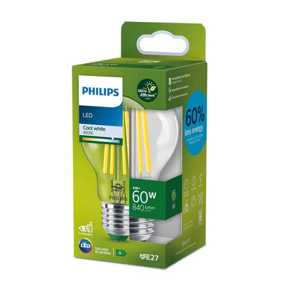 Llambë LED Philips E27 A60, 4W, 840lm 4000K, xham transparent