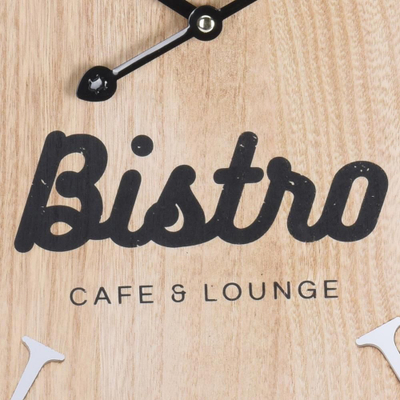 Orë muri Bistro Cafe Lounge, sfond dru, kornizë metalike e zezë