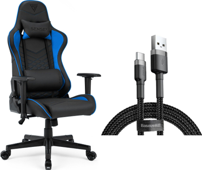 Karrige gaming SENSE7 Spellcaster, lëkurë sintetike, mbështetëse ergonomike, e zezë me blu