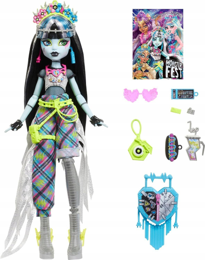 Kukull Monster High Frankie Stein HXH79, Monster Fest, aksesorë festivali, shumëngjyrëshe