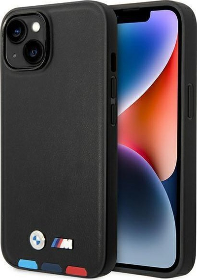 Mbrojtëse telefoni BMW Tricolor MagSafe për iPhone 14 Plus 6.7", lëkurë, e zezë