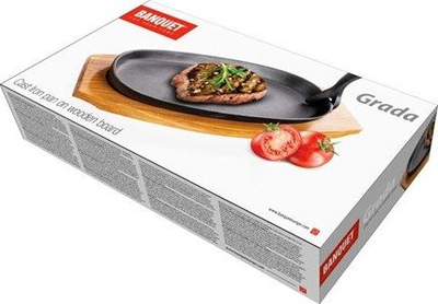 Tigan gize Banquet Serving Pan, 23 x 14cm, me dërrasë druri, i zi