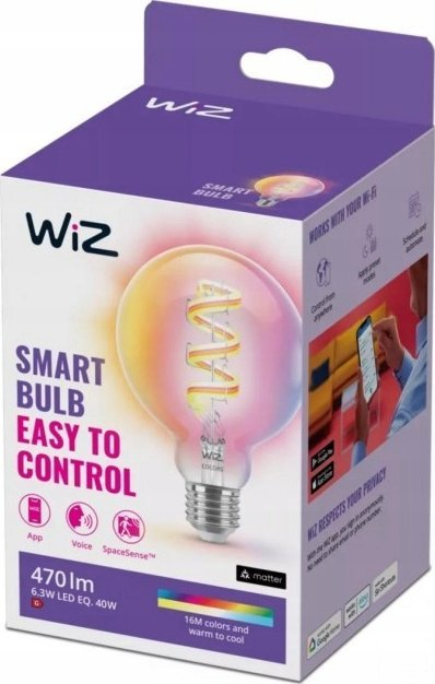 Llampë e zgjuar WiZ Filament G95, LED RGB 6.3W, Wi-Fi E27, transparente