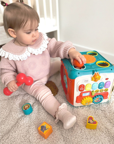 Lodër kub aktiviteti Woopie Baby Montessori, 6 në 1, muzikore, shumëngjyrëshe