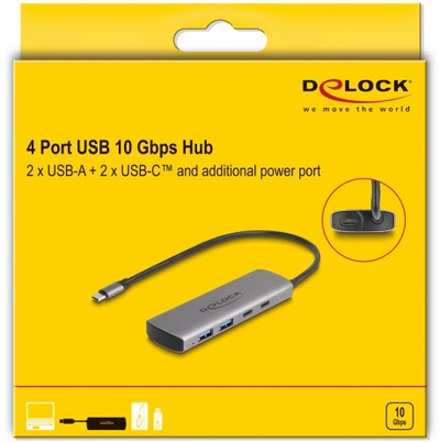 Hub USB Delock, me 4 porta, 10 Gbps, gri