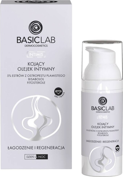 Vaj intim BasicLab Intimis, efekt qetësues, 50 ml, i bardhë