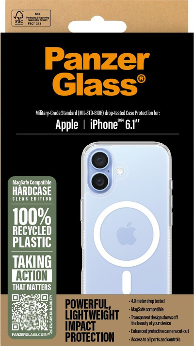 Mbështjellës telefoni PanzerGlass HardCase MagSafe për iPhone 16, transparent, kundërgoditës