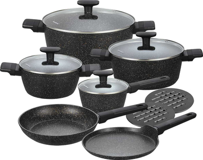 Set tenxhere mermeri 12 pjesë, sipërfaqe jo ngjitëse, për induksion dhe gaz, gri