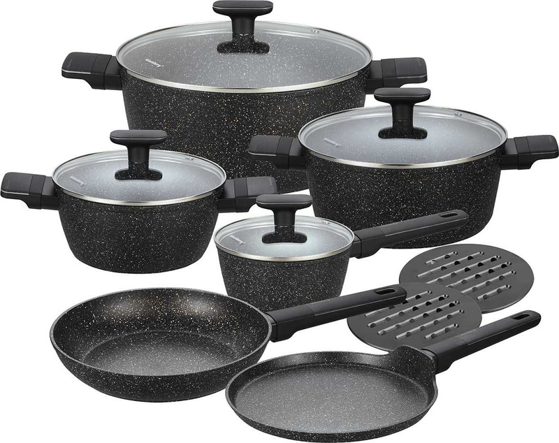 Set tenxhere mermeri 12 pjesë, sipërfaqe jo ngjitëse, për induksion dhe gaz, gri