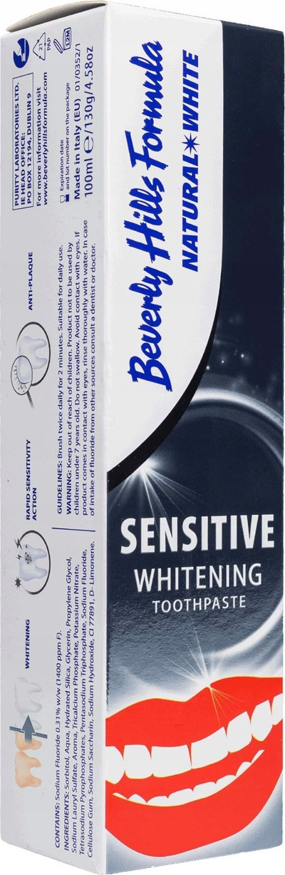 Pastë dhëmbësh Beverly Hills Formula Natural White Sensitive, për dhëmbë të ndjeshëm, zbardhuese, 100 ml, e bardhë