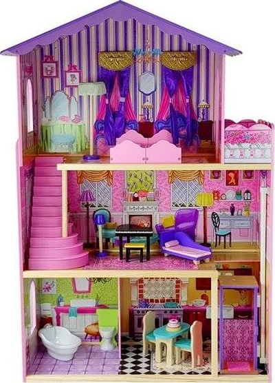 Дрвена куќа за кукли Leantoys Stella, 126 cm, со балкон и лифт, повеќебојна