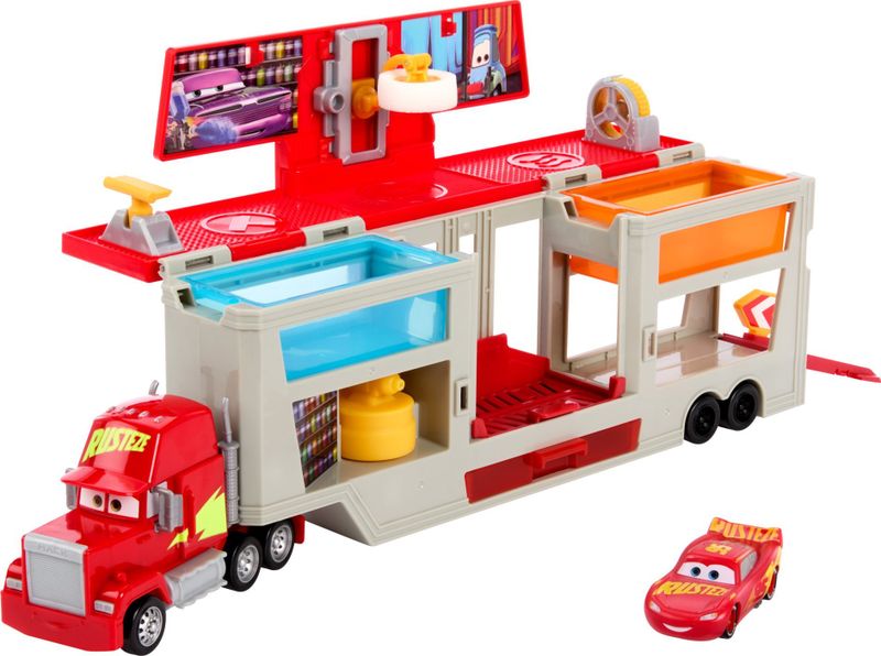 Set loje Disney Pixar Cars Color Changers Mobile Paint Shop Mack, me makinë lodër Lightning McQueen, shumëngjyrësh