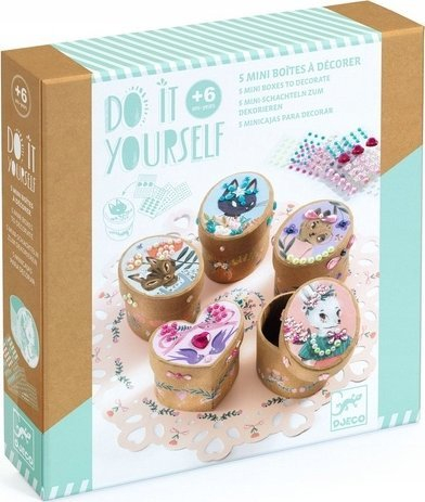 Set punimesh me dorë Fat Brain Toys Do It Yourself Adorable Mini Boxes, 5 kuti, 200 gurë zbukurimi, me ngjyra të ndryshme