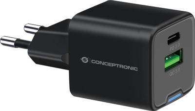 Ѕиден полнач Conceptronic 2-портен GaN, 20W, USB C PD и USB A QC 3.0, бел