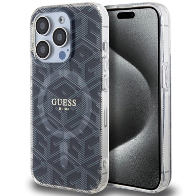 Futrollë Guess IML GCube MagSafe për iPhone 15 Pro 6.1", plastike e fortë, transparente e zezë